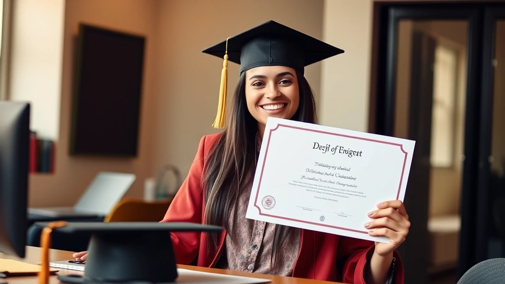 Student holding diploma certificate with pride, graduation cap visible on desk, academic achievement moment, warm indoor lighting, celebratory mood captured