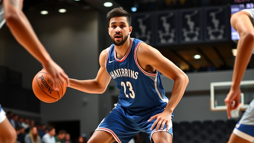 Professional basketball player in defensive stance during intense game action, showing focused concentration while guarding opponent, indoor arena lighting