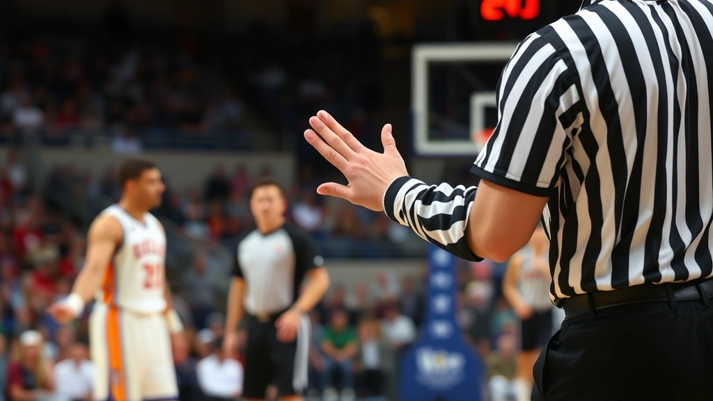 Basketball referee making hand signal for foul call during live game, with players and crowd visible in blurred background, professional sports environment