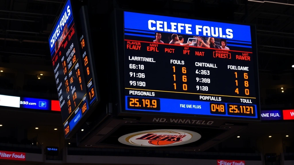 Scoreboard display showing player foul statistics and game information, clear numbers visible tracking personal fouls, technical arena setting
