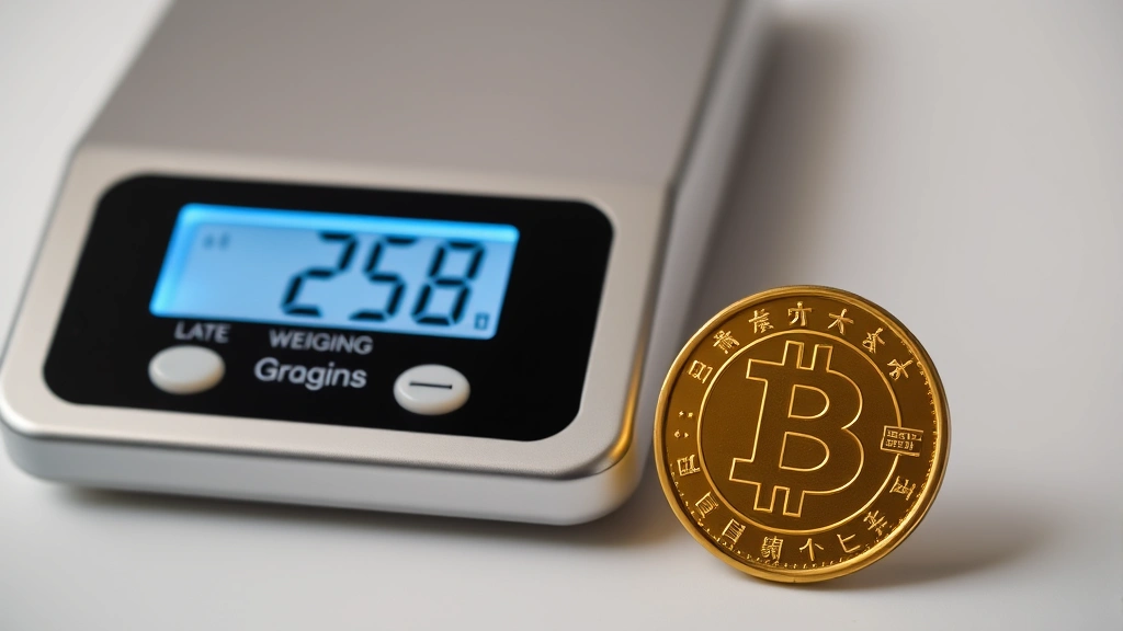 Close-up of a precision digital scale displaying weight in grams, with a shiny gold coin positioned next to it on a white surface, professional lighting