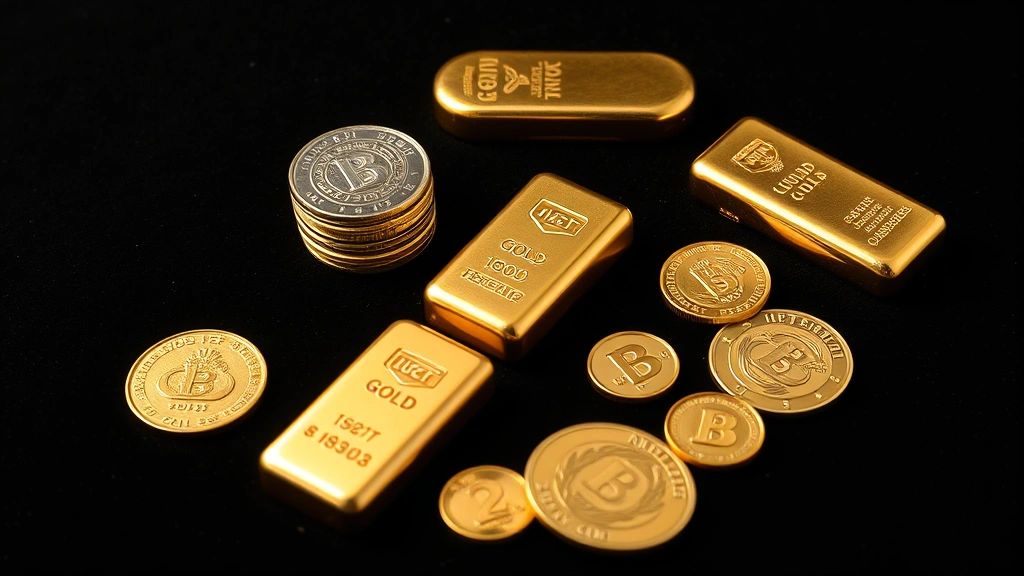Multiple gold bars and coins of varying sizes arranged on a dark velvet surface, showing different weights and forms of precious metals, studio photography