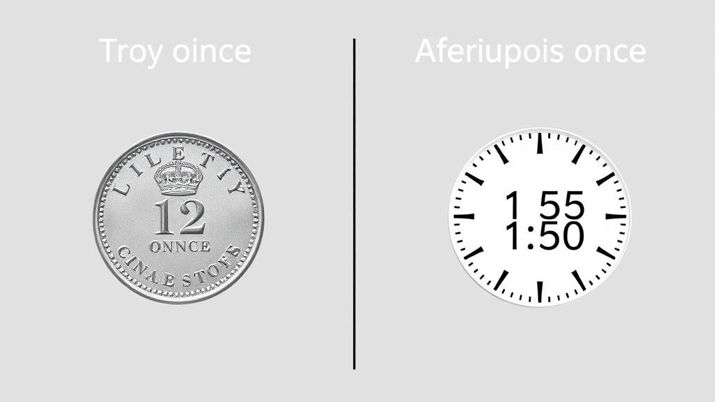 Split-screen comparison showing a troy ounce weight measurement on left side and avoirdupois ounce on right side with numerical values displayed, clean minimalist design