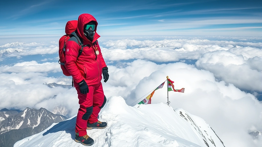 Mountaineer in red down suit and oxygen mask standing on snowy peak with prayer flags fluttering in wind, dramatic Himalayan landscape backdrop with clouds