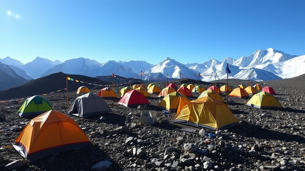 Organized base camp with multiple colorful expedition tents scattered on rocky terrain, prayer flags strung between poles, snow-covered mountains in distance