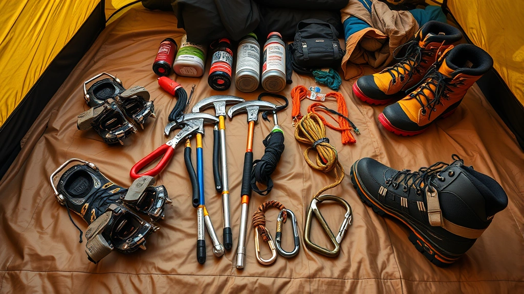 Close-up of climbing equipment laid out on tent floor: crampons, ice axes, oxygen bottles, carabiners, rope, and high-altitude boots arranged neatly