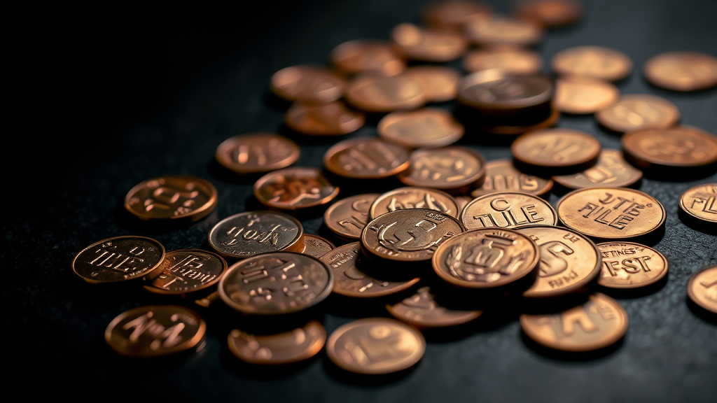 Close-up macro photography of copper pennies scattered on dark surface with dramatic lighting no text no words no letters