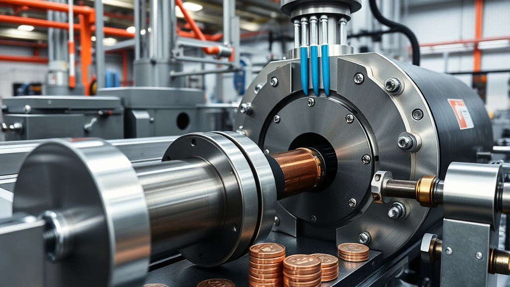 Industrial coin minting machinery with zinc blanks and copper plating equipment in manufacturing facility no text no words no letters