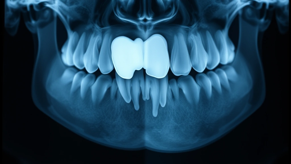 Close-up of dental X-ray showing impacted wisdom tooth positioned at angle in jaw, professional radiographic image with clear tooth visibility