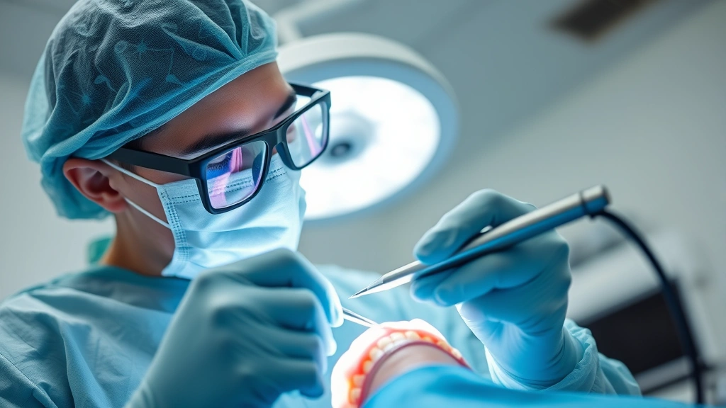 Dentist in surgical mask and loupes performing extraction procedure with suction tool and forceps, sterile clinical environment with overhead light
