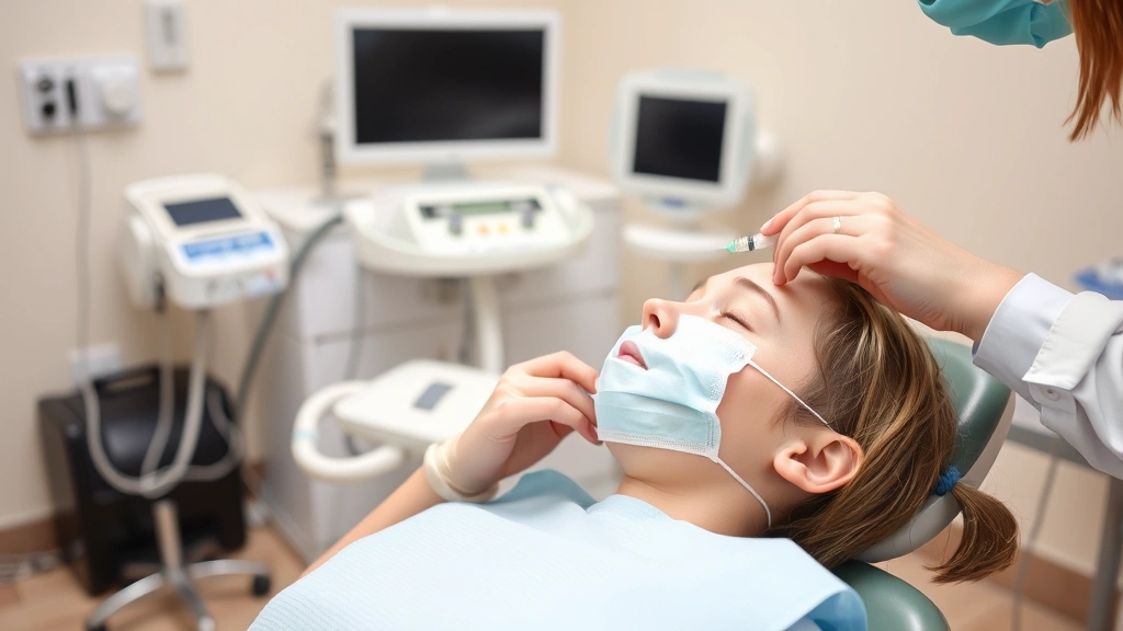 Patient in dental chair receiving anesthesia injection before procedure, calm clinical setting with medical equipment visible in background