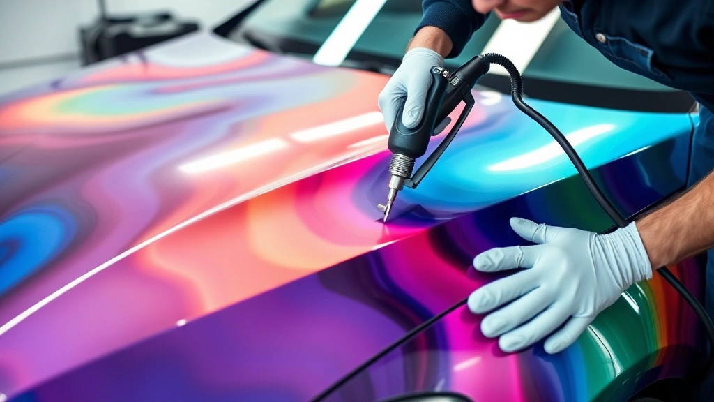 Professional vinyl wrap installer carefully applying colorful custom wrap material to sedan hood with precision tools and heat gun, showing attention to detail and craftsmanship