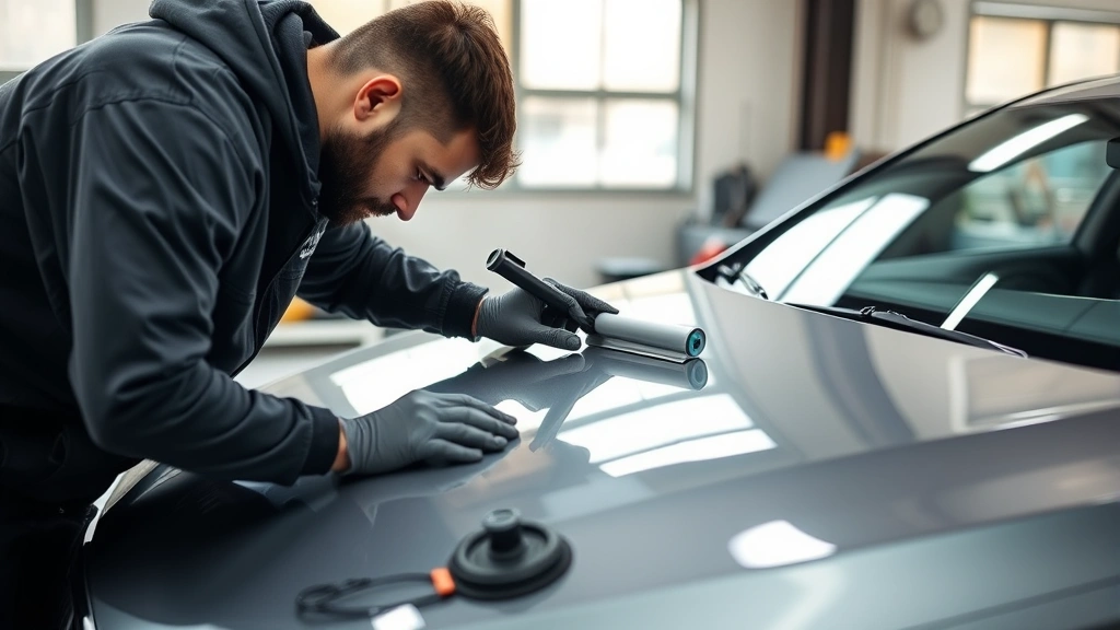 Professional installer applying vinyl wrap to sedan hood with precision tools and squeegee, natural lighting in workshop setting