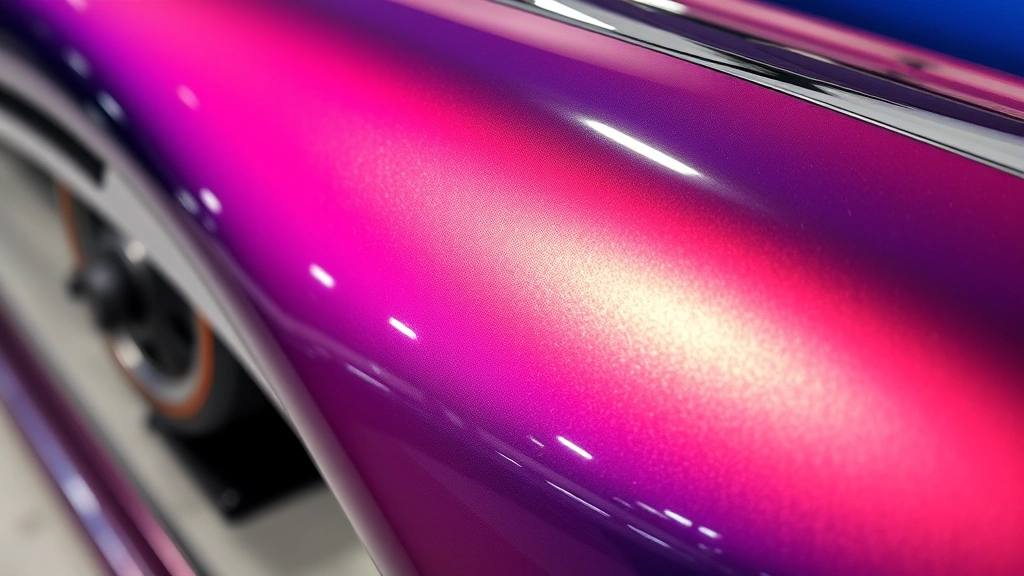 Close-up detail of glossy metallic car wrap finish with vibrant color gradient transitioning across vehicle panel, showcasing wrap quality and visual depth