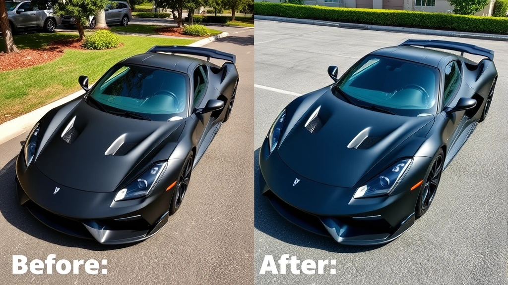 Dramatic before-and-after comparison showing matte black wrapped sports car versus original paint, outdoor photography with dynamic angles