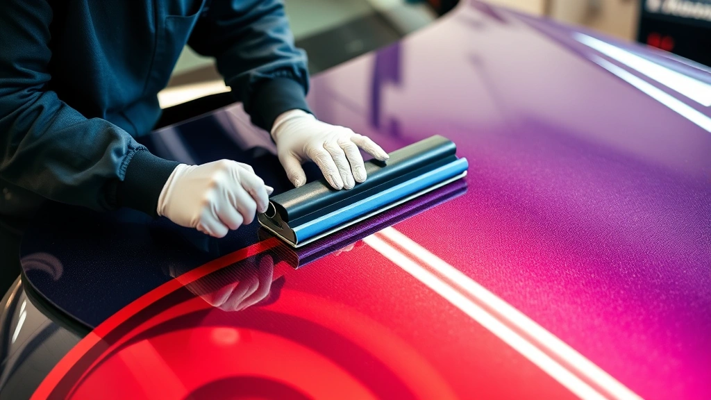 Professional car wrap installer applying colorful vinyl material to vehicle hood with squeegee tool, precision application visible