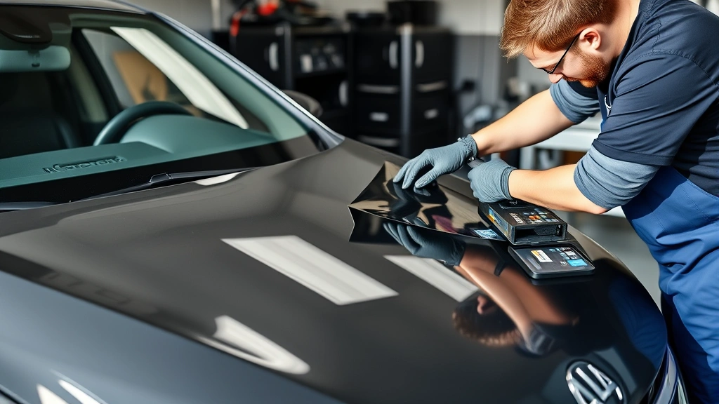 Professional car wrap installation in progress, technician applying vinyl to vehicle hood with precision tools, workshop setting, natural lighting