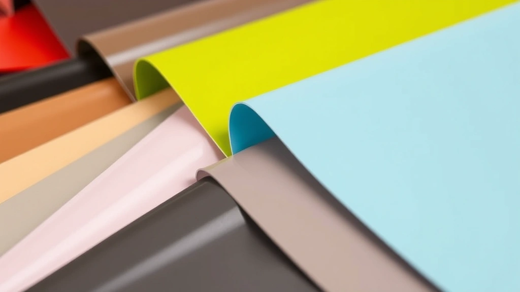 Close-up of premium vinyl material swatches showing various colors and finishes, glossy and matte textures displayed
