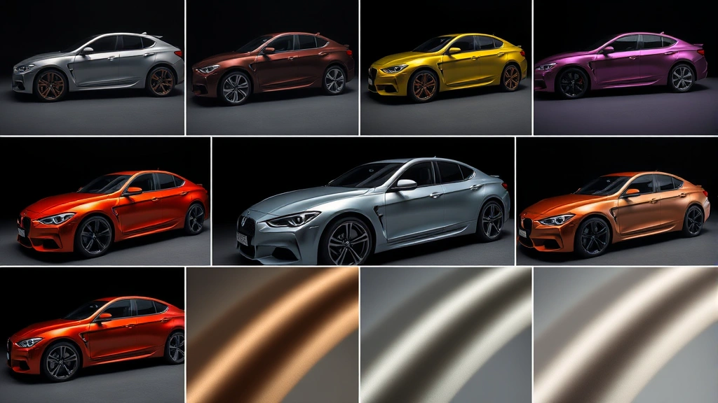 Multiple car wrap color samples displayed, showing matte, gloss, metallic, and satin finishes on vehicle sections, professional studio lighting