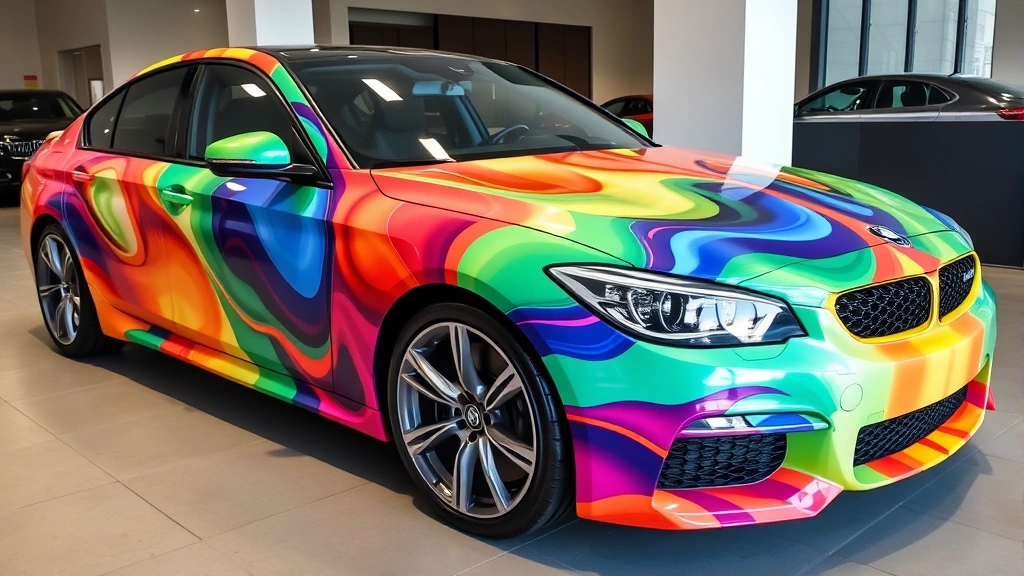 Completed full car wrap on luxury sedan, vibrant custom design covering entire vehicle exterior, parked in showroom setting