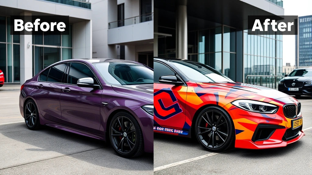 Before and after car transformation, sedan with full custom vinyl wrap in vibrant design, parked in modern urban setting, professional photography