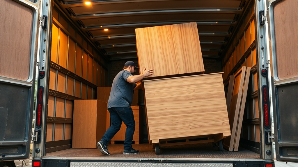 Professional movers loading furniture into truck, no text no words no letters