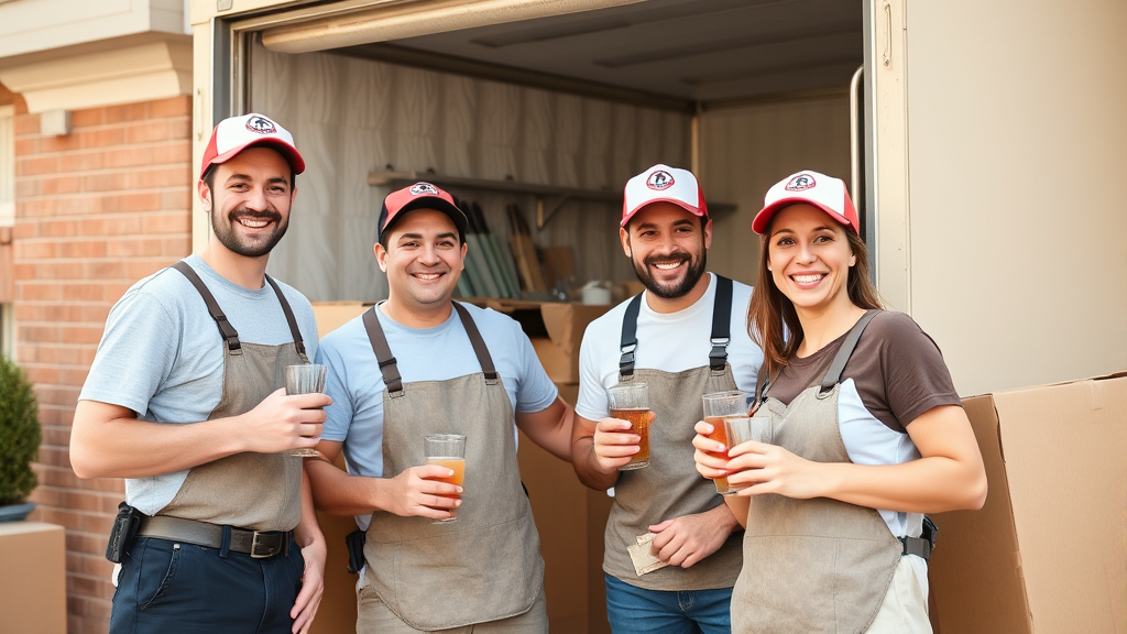 Moving crew taking break with refreshments and smiling faces, no text no words no letters