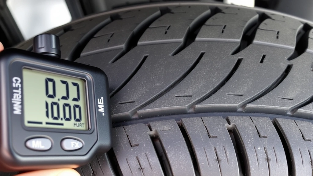 Close-up of tire tread depth measurement with digital gauge showing exact millimeter readings on a vehicle tire