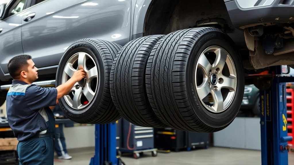 Mechanic performing tire rotation on a vehicle lift, showing all four tires in different positions during rotation process