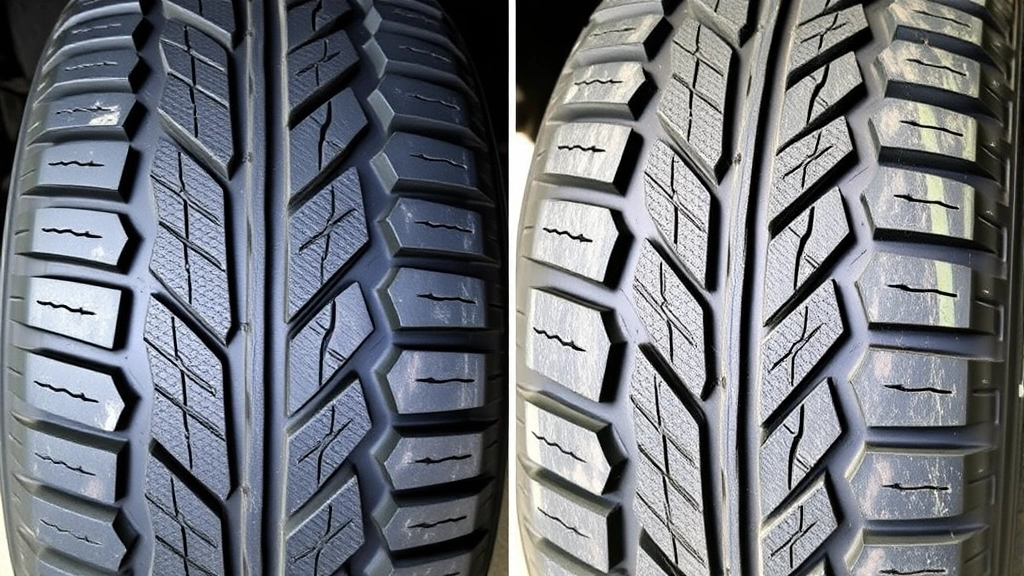 Side-by-side comparison of new and worn tire treads, displaying the dramatic difference in rubber depth and surface texture