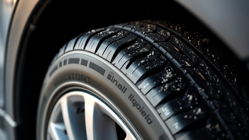 Car tire close-up showing tread patterns and wear indicators on modern vehicle wheel, no text no words no letters
