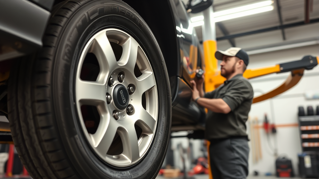 Mechanic rotating car tires in professional garage with hydraulic lift and tools, no text no words no letters