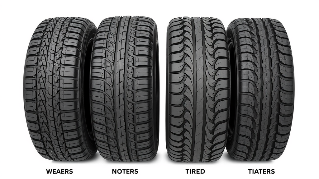 Four car tires arranged showing different wear patterns and tread depths comparison, no text no words no letters