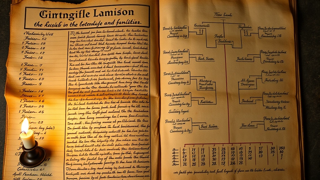 Ancient parchment manuscript pages with handwritten genealogical charts and family trees, candlelight illuminating intricate calligraphy and numerical notations on aged paper