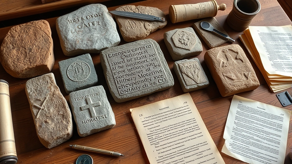 Weathered stone tablets and ancient clay tablets arranged on a wooden study desk with measuring tools, scrolls, and historical documents creating a scholarly archaeology scene