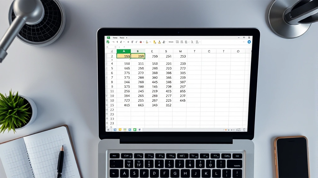 Overhead view of a laptop displaying an Excel spreadsheet with columns of numbers and a highlighted cell showing a sum calculation result, clean modern desk workspace