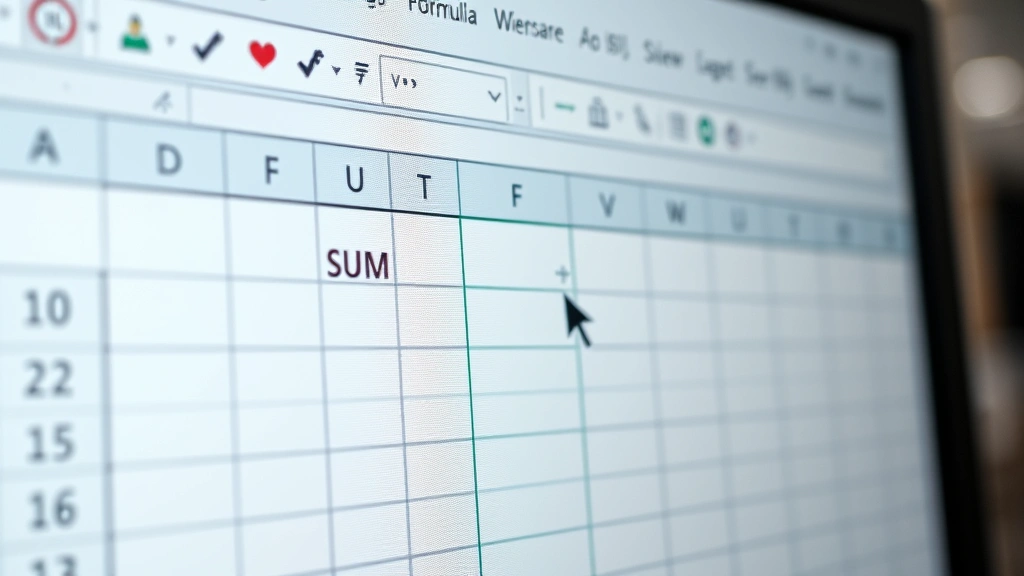 Close-up of computer screen showing Excel SUM formula in formula bar with cursor hovering over column cells, professional office environment lighting