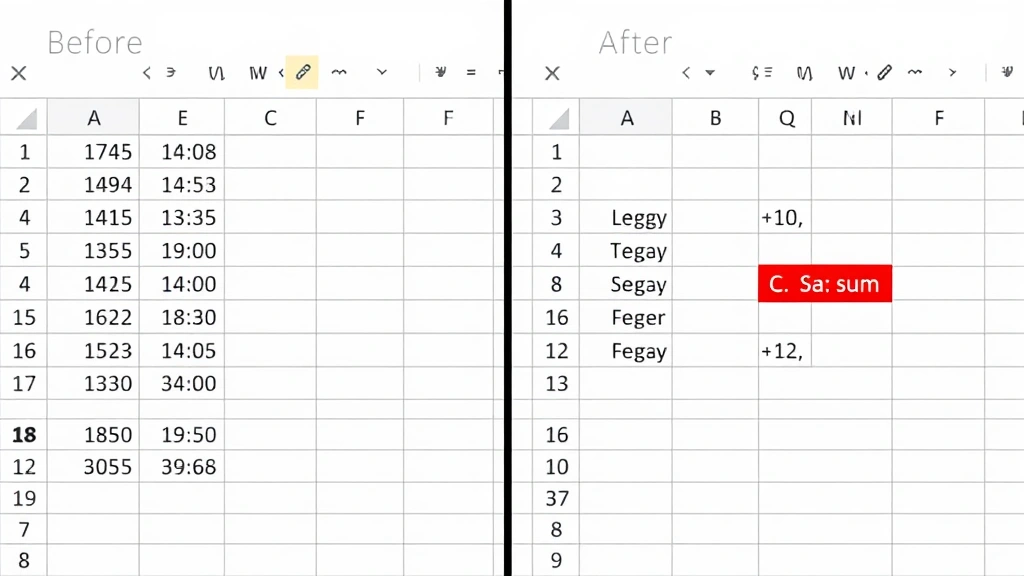 Split screen showing before and after of Excel data: left side with raw numbers in column, right side showing completed sum formula with result highlighted in different color