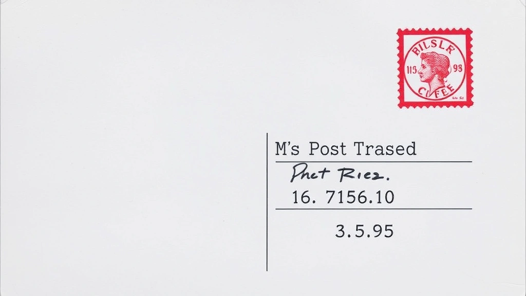 Overhead view of a properly addressed postcard with stamp in top-right corner, showing correct formatting and placement on cardstock