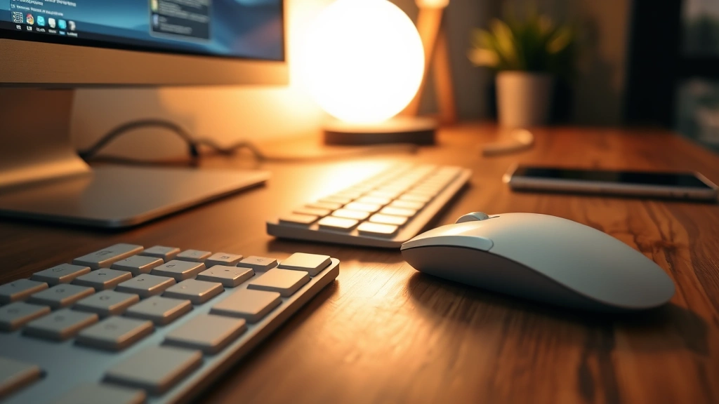 Close-up of a computer keyboard and mouse on a wooden desk next to a smartphone, warm lighting from a desk lamp, modern workspace setup