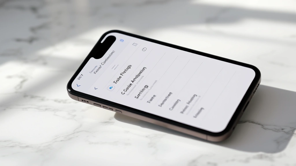 iPhone displaying the Settings app with Safari options visible on the screen, held at an angle on a marble surface with soft natural lighting