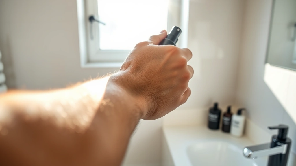 Close-up of a man's wrist showing cologne application with a spray bottle, morning sunlight streaming through a window, minimalist bathroom setting with clean surfaces and grooming products