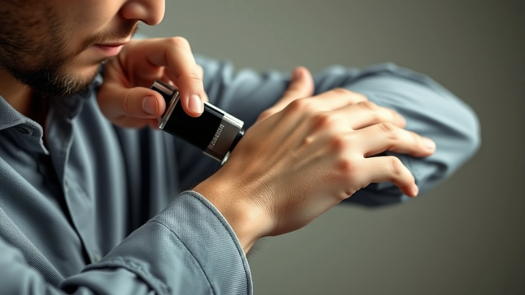 Man applying cologne to wrist pulse point with atomizer bottle, focused detail shot showing proper technique and distance