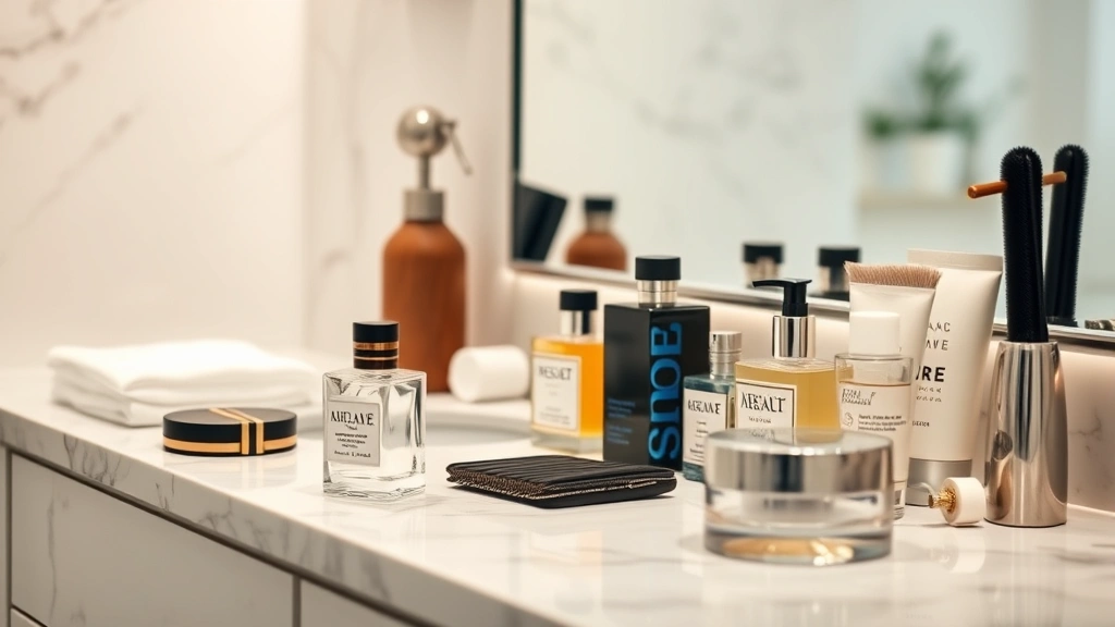 Luxurious bathroom vanity with organized cologne bottles, unscented moisturizer, and grooming accessories arranged neatly on marble countertop, soft warm lighting reflecting off glass bottles