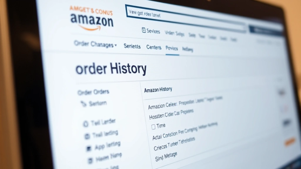 Close-up of a desktop computer screen displaying Amazon's order history page with multiple orders listed and menu buttons visible, clean modern interface design