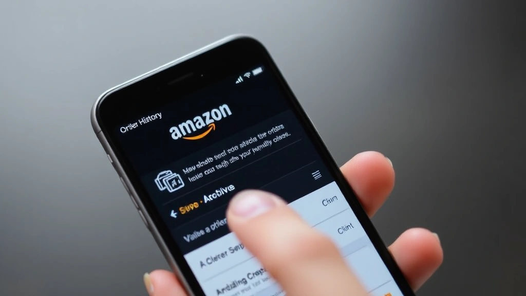 Smartphone displaying the Amazon mobile app with order history interface, showing swipe gestures and archive options with a finger touching the screen