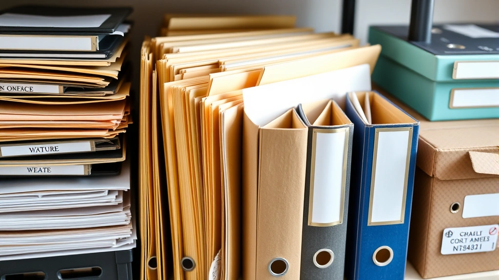 Organized filing system with labeled folders and archived boxes, representing digital organization and order management in a home office setting