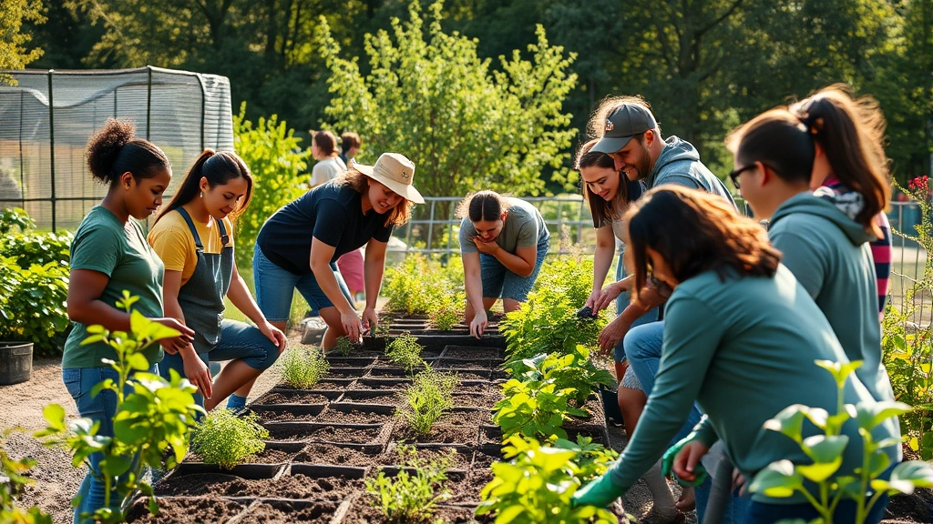 Group of diverse volunteers working together in community garden, planting and organizing, natural lighting, genuine collaboration and teamwork atmosphere, outdoor setting
