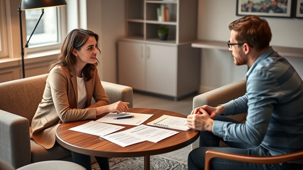 Individual mentoring session between two people at coffee table with documents and planning materials, warm lighting, engaged conversation, professional yet comfortable environment
