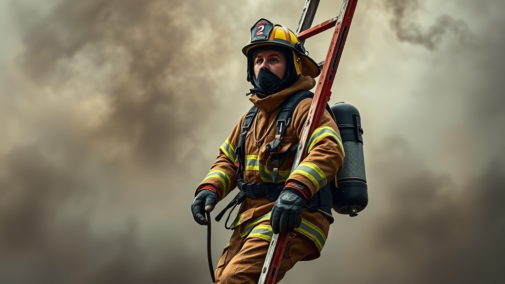 Firefighter in full gear climbing ladder against smoky background, heroic pose, no text no words no letters